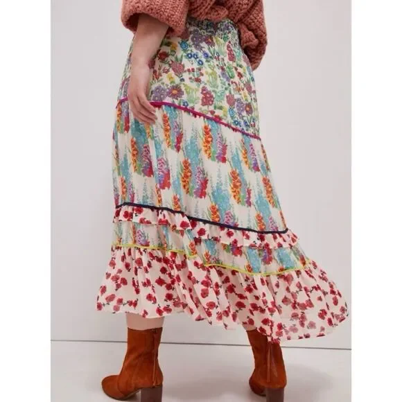 Anthropologie Lorraine Faaria  Mixed Media Tiered Maxi Skirt XL *FLAWED* Cottage - Picture 3 of 10